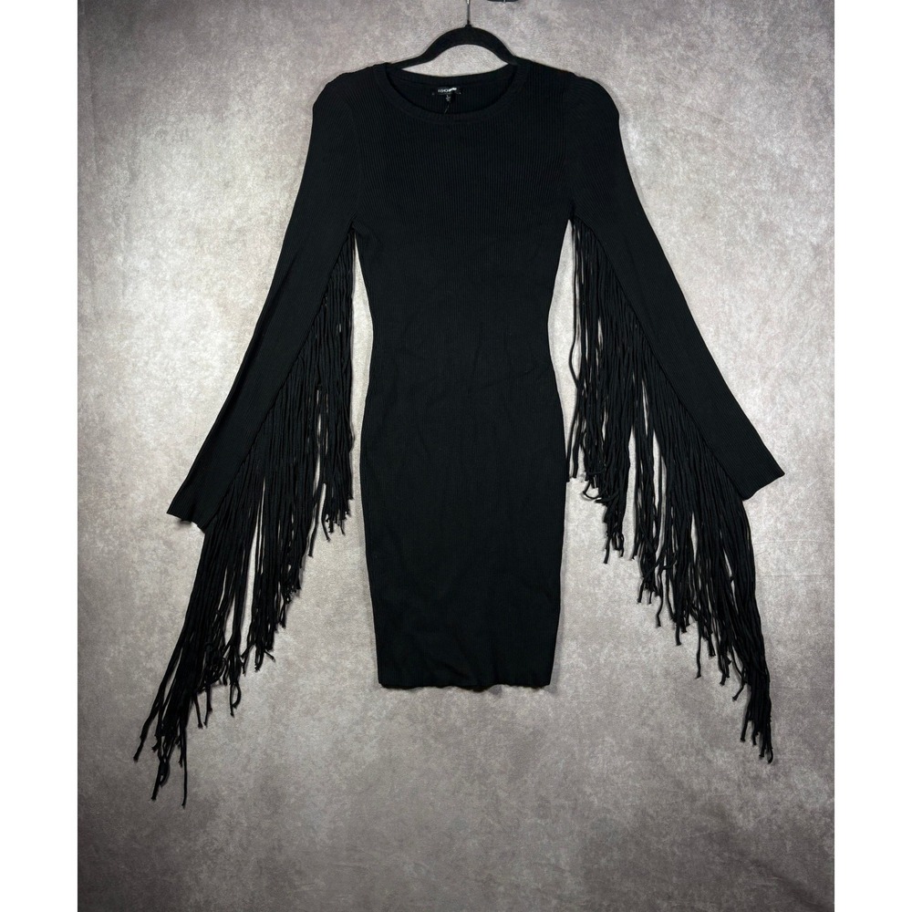 Fashion Nova Dress Womens L Black Rain On My Parade Fringe Ribbed Mini Bodycon